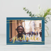 Moderne blauwe, gouden en witte Afstuderen uitnodi Kaart (Staand voorkant)