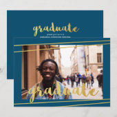 Moderne blauwe, gouden en witte Afstuderen uitnodi Kaart (Voorkant / Achterkant)