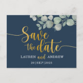 Moderne Blauwe & Gouden Eucalyptus Save the Date Briefkaart (Voorkant)