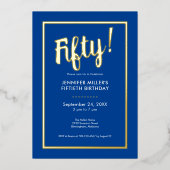 Moderne Blauwe & Gouden Folie 50e Verjaardag Uitnodiging (Voorkant)