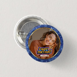 Moderne Blauwe & Gouden Glitter Foto 16e Verjaarda Ronde Button 3,2 Cm