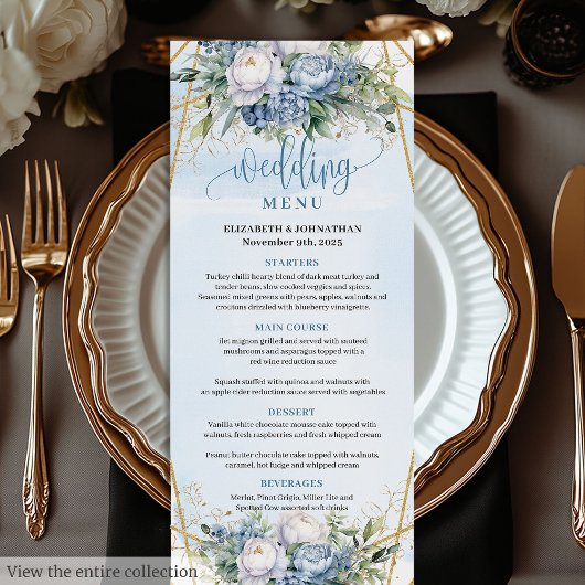 Moderne Blauwe Gouden Glitter Frame Groene Bloemen Menu