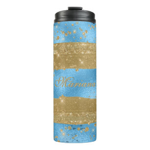 Moderne Blauwe Gouden Glitter Script Naam Thermosbeker