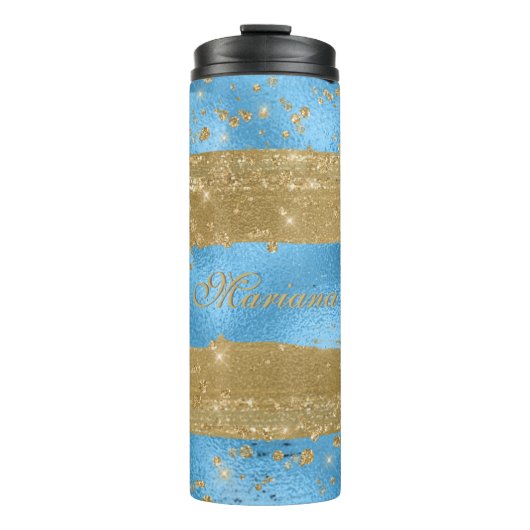 Moderne Blauwe Gouden Glitter Script Naam Thermosbeker (Voorkant)