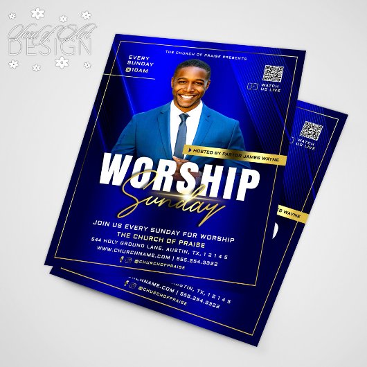 Moderne Blauwe & Gouden Kerk Aanbidding Zondag Ser Flyer