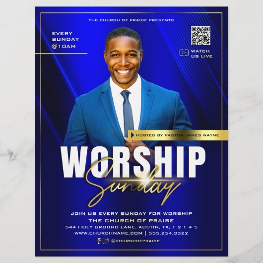 Moderne Blauwe & Gouden Kerk Aanbidding Zondag Ser Flyer (Voorkant)