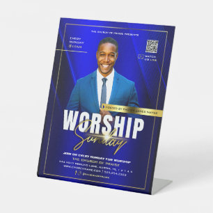 Moderne Blauwe & Gouden Kerk Aanbidding Zondag Ser Reclamebord Met Voetstuk