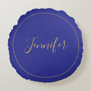 Moderne Blauwe & Gouden Kleur Calligrafie Eenvoudi Rond Kussen