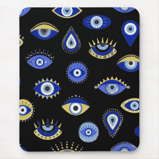 Moderne blauwe gouden kwade ogen muismat (Voorkant)