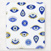 Moderne blauwe gouden kwade ogen muismat (Voorkant)