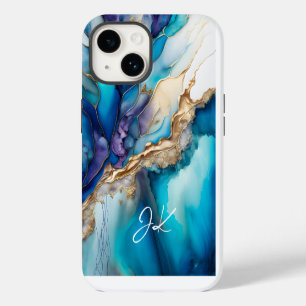 Moderne Blauwe Gouden Marmer Monogram Gepersonalis iPhone 14 Hoesje