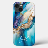 Moderne Blauwe Gouden Marmer Monogram Personalized