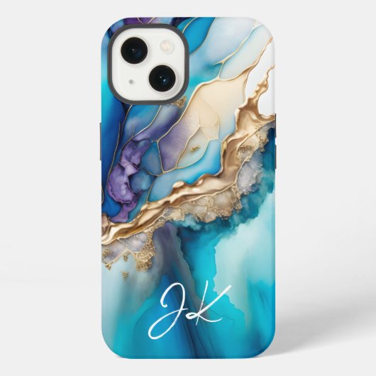 Moderne Blauwe Gouden Marmer Monogram Personalized iPhone Hoesje (Achterkant)