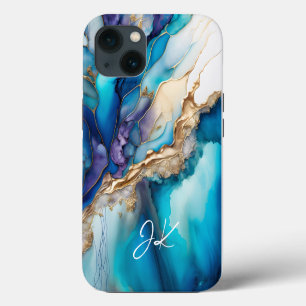 Moderne Blauwe Gouden Marmer Monogram Personalized iPhone 13 Hoesje