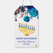Moderne Blauwe & Gouden Menorah Gelukkige Chanoeka Cadeaulabel (Achterkant)