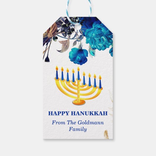 Moderne Blauwe & Gouden Menorah Gelukkige Chanoeka Cadeaulabel (Achterkant)
