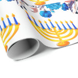 Moderne Blauwe & Gouden Menorah Gelukkige Chanoeka Cadeaupapier<br><div class="desc">Modern Blue & Gold Menorah Happy Chanoeka Wrapping Paper heeft een witte achtergrond blauwe rozen & Chanoeka candles.A unique cadeauwrap voor Chanoeka.</div>