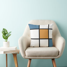 Moderne Blauwe Gouden Mondriaan Stijl Kussen