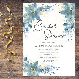 Moderne Blauwe & Gouden Poinsettia Bruidsdouche  Kaart