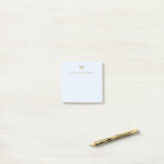 Moderne Blauwe Gouden Script Monogram Post-it® Notes (Op bureau)