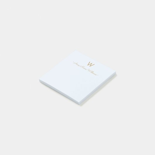 Moderne Blauwe Gouden Script Monogram Post-it® Notes (Schuin)