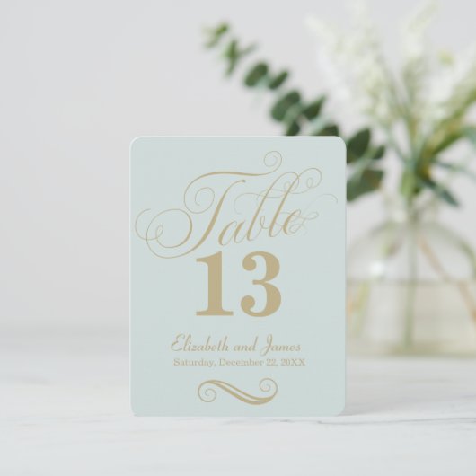 Moderne Blauwe Gouden Script Tafelnummer Bruiloft (Staand voorkant)