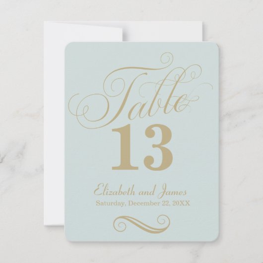 Moderne Blauwe Gouden Script Tafelnummer Bruiloft (Voorkant)