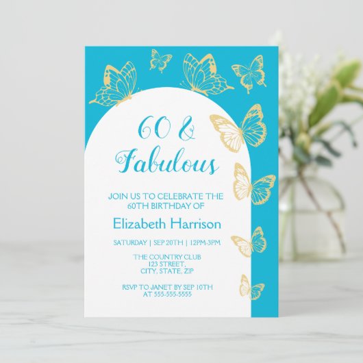 Moderne Blauwe Gouden Vlinders Fabulous Verjaardag Kaart (Staand voorkant)