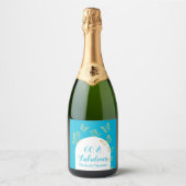 Moderne Blauwe Gouden Vlinders Fabulous Verjaardag Sparkling Wijnetiket (Voorkant)