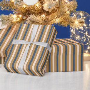Moderne Blauwe Gouden Witte Streep Kerstmis Cadeaupapier