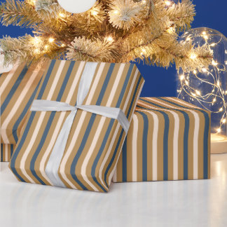 Moderne Blauwe Gouden Witte Streep Kerstmis Cadeaupapier