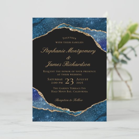 Moderne blauwe goudoliepagaat Waterverf bruiloft Kaart (Staand voorkant)