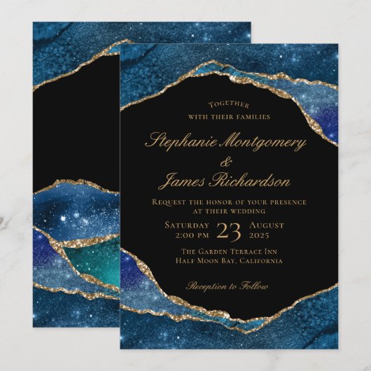 Moderne blauwe goudoliepagaat Waterverf bruiloft Kaart (Voorkant / Achterkant)