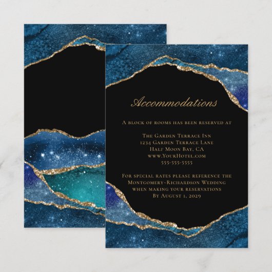 Moderne blauwe goudoliepagaatbruidjes informatiekaartje (Voorkant / Achterkant)