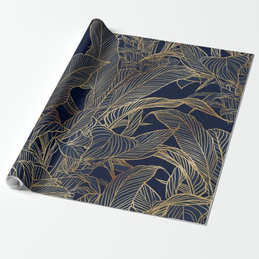 Moderne blauwe goudvulling Plant botanisch ontwerp Cadeaupapier (Uitgerold)