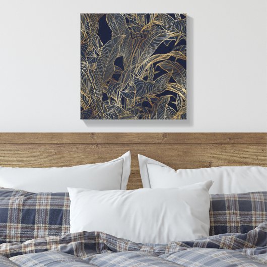 Moderne blauwe goudvulling Plant botanisch ontwerp Canvas Afdruk (Insitu (Slaapkamer))