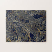 Moderne blauwe goudvulling Plant botanisch ontwerp Legpuzzel (Horizontaal)