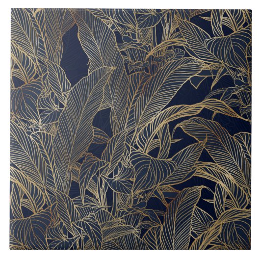 Moderne blauwe goudvulling Plant botanisch ontwerp Tegeltje (Voorkant)