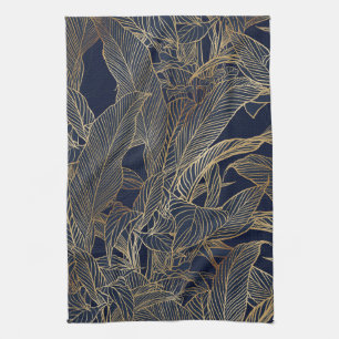 Moderne blauwe goudvulling Plant botanisch ontwerp Theedoek