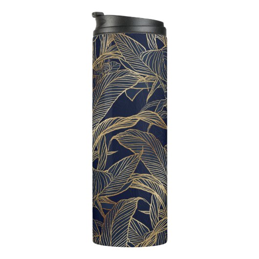 Moderne blauwe goudvulling Plant botanisch ontwerp Thermosbeker (Geroteerd rechts)