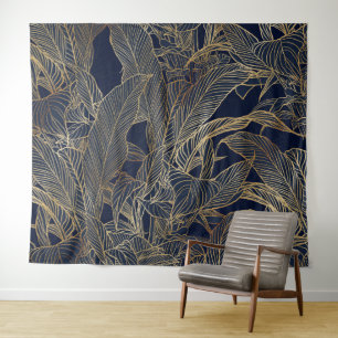 Moderne blauwe goudvulling Plant botanisch ontwerp Wandkleed