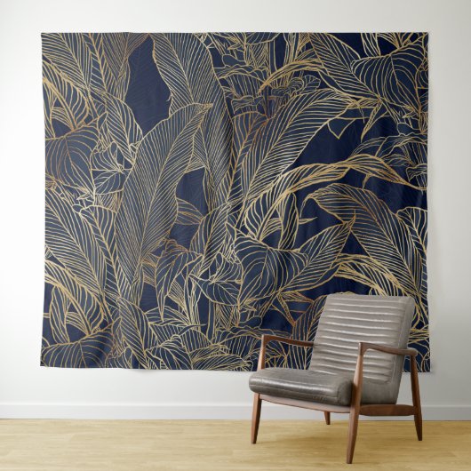 Moderne blauwe goudvulling Plant botanisch ontwerp Wandkleed (In Situ (horizontaal))