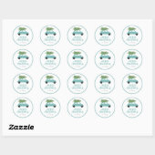 Moderne blauwe groene auto met kerstboomcadeau ronde sticker (Vel)