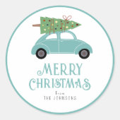 Moderne blauwe groene auto met kerstboomcadeau ronde sticker (Voorkant)