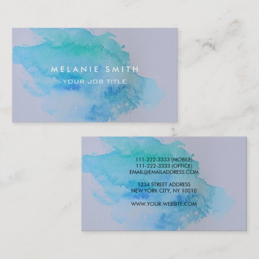Moderne blauwe groene blauwgroen waterverf blauw visitekaartje (Voorkant / Achterkant)