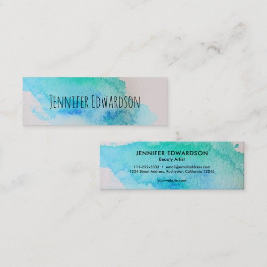 Moderne, blauwe, groene blauwgroen waterverf splaa mini visitekaartje (Voorkant / Achterkant)