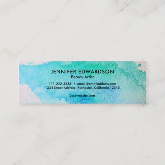 Moderne, blauwe, groene blauwgroen waterverf splaa mini visitekaartje (Achterkant)