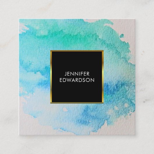 Moderne blauwe groene blauwgroen waterverf splash vierkante visitekaartje (Voorkant)