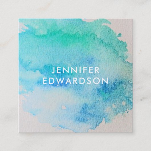 Moderne blauwe groene blauwgroen waterverf splash vierkante visitekaartje (Voorkant)