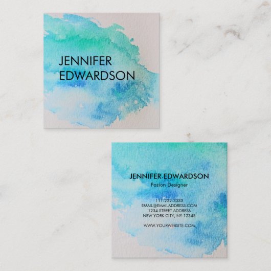 Moderne blauwe groene blauwgroen waterverf vierkante visitekaartje (Voorkant / Achterkant)